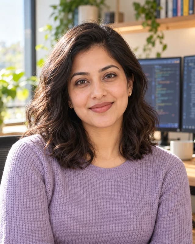 Riya Sethi, Software Developer, presented as a Flat Design NexCard profile